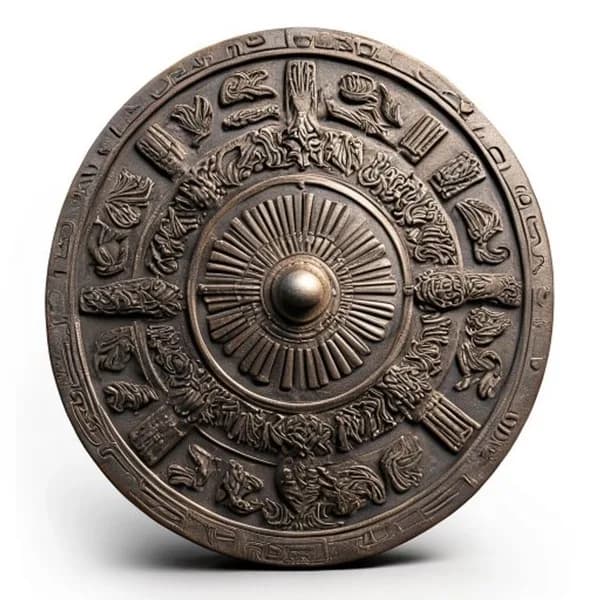 Photorealistic Ancient Greek Bronze Shield, Detailed Relief Carvings Of Mytholog
