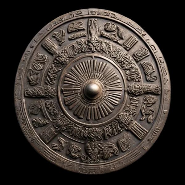 Photorealistic Ancient Greek Bronze Shield, Detailed Relief Carvings Of Mytholog