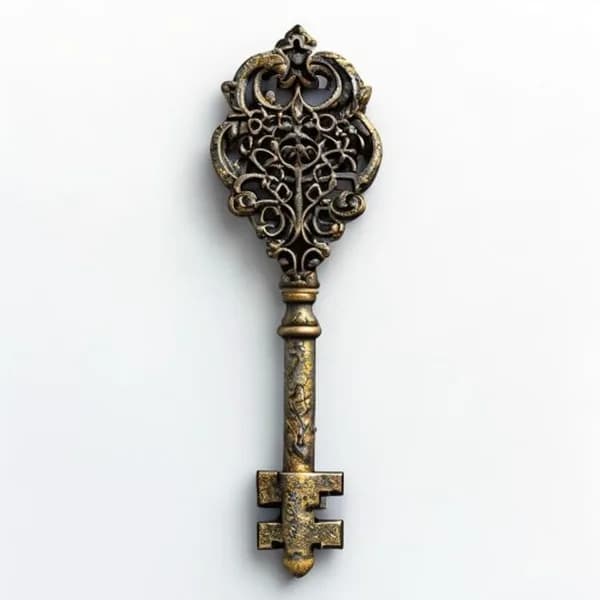 Photorealistic Ancient Medieval Treasure Key, Ornate Brass Filigree Handle, Weat