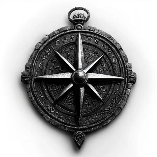 Photorealistic Ancient Viking Compass Talisman, Heavily Engraved Dark Iron Metal