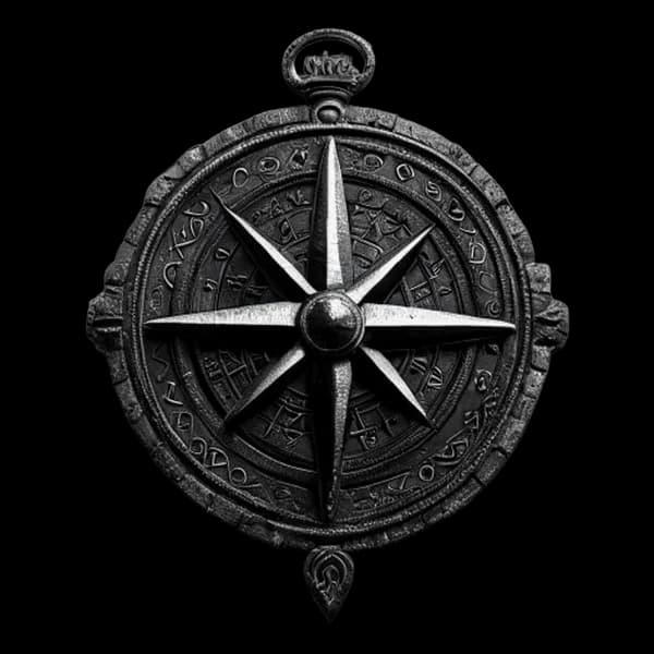 Photorealistic Ancient Viking Compass Talisman, Heavily Engraved Dark Iron Metal