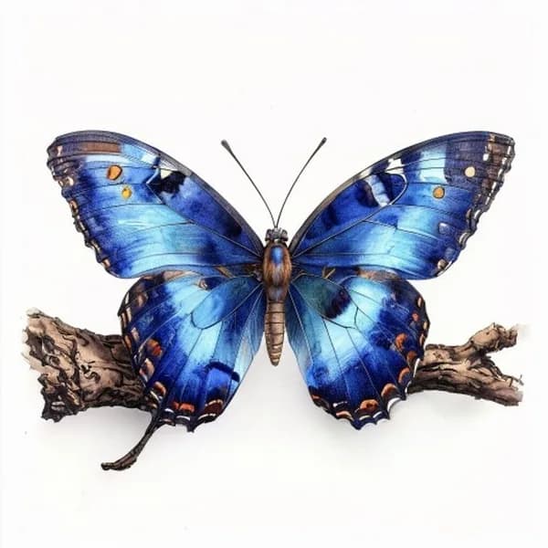 Photorealistic Watercolor Illustration Of A Blue Morpho Butterfly Resting On A S