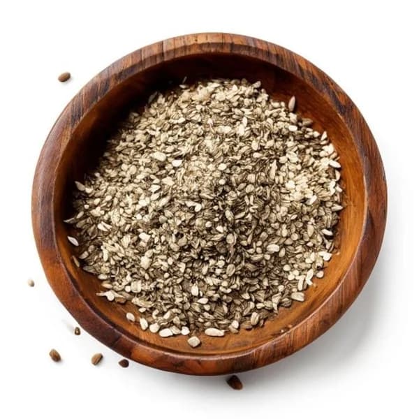 Premium Studio Shot Of Ajwain Whole And Powder Form In Rustic Wooden Bowl Seeds