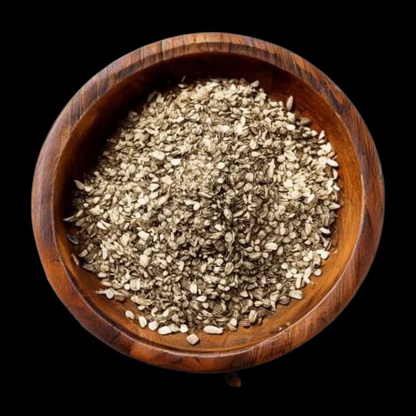Premium Studio Shot Of Ajwain Whole And Powder Form In Rustic Wooden Bowl Seeds