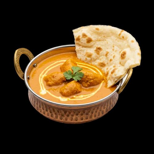 Traditionelles Indisches Butterhuhn-Curry Kupferschale Naan Transparentes JPG Bi
