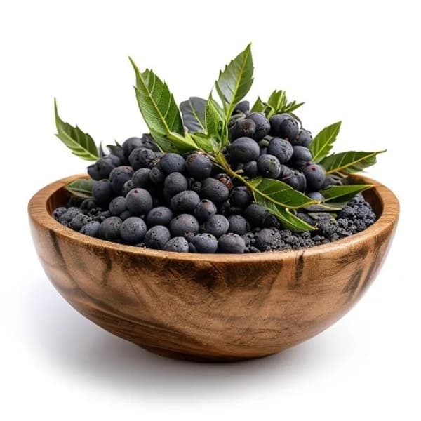 Ultra Hd Juniper Berry Whole Pieces And Ground Powder Arranged Around Wooden Bow