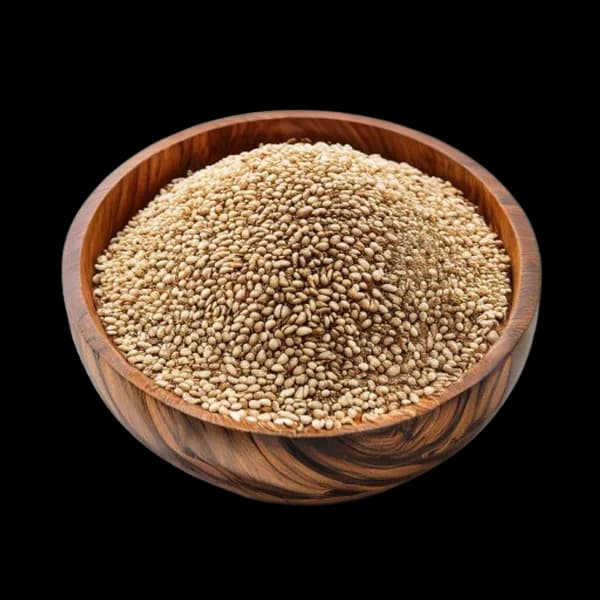 Ultra Hd Sesame Seed Whole Pieces And Ground Powder Arranged Around Wooden Bowl