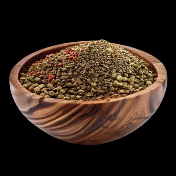 Ultra Hd Sichuan Pepper Whole Pieces And Ground Powder Arranged Around Wooden Bo