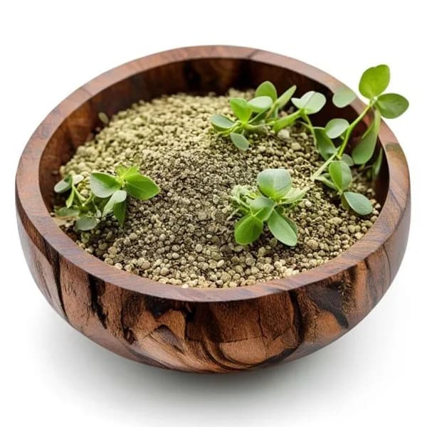 Ultra Realistic Oregano Whole And Ground Powder In Wooden Bowl Front View Side V
