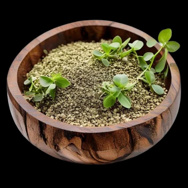 Ultra Realistic Oregano Whole And Ground Powder In Wooden Bowl Front View Side V