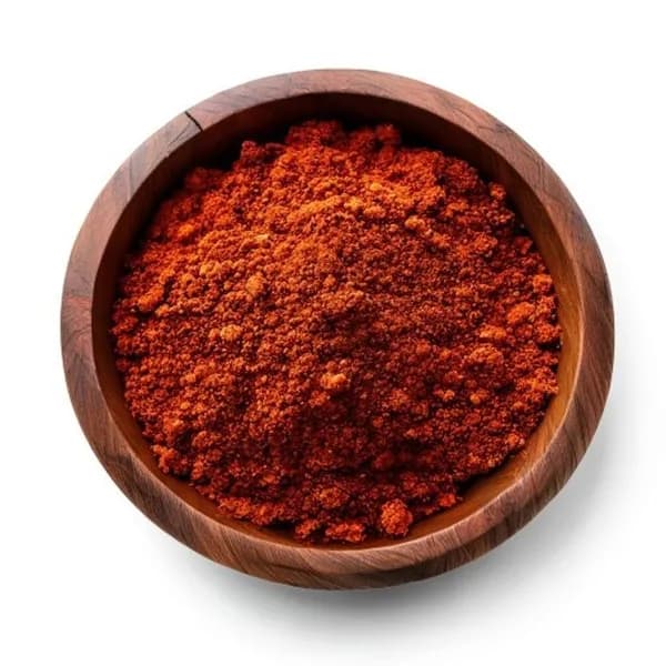 Ultra Realistic Paprika Whole And Ground Powder In Wooden Bowl Front View Side V